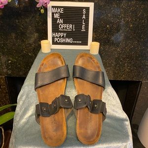 Naot Sandals. Dark Brown, Elastic Straps, Approx. Size 9.
